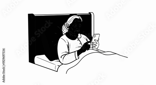 Elderly woman in bed using a smartphone, illuminated by its light