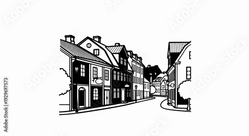 A black and white sketch of a quaint street with historic buildings and trees