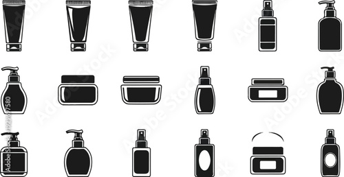 A collection of cosmetic containers including tubes, bottles, and jars