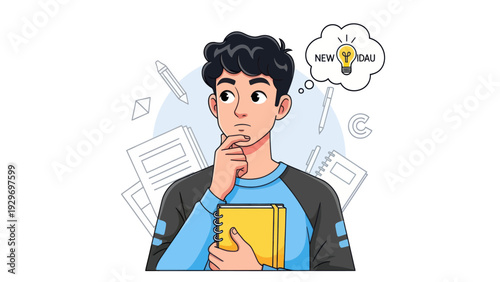 Young man thinking about ideas surrounded by office supplies vector illustration