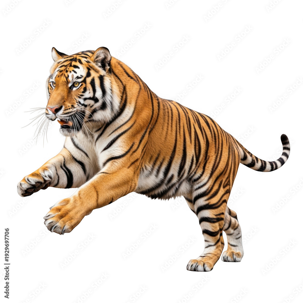 Obraz premium Majestic tiger in mid-leap, fierce and powerful, isolated on transparent background