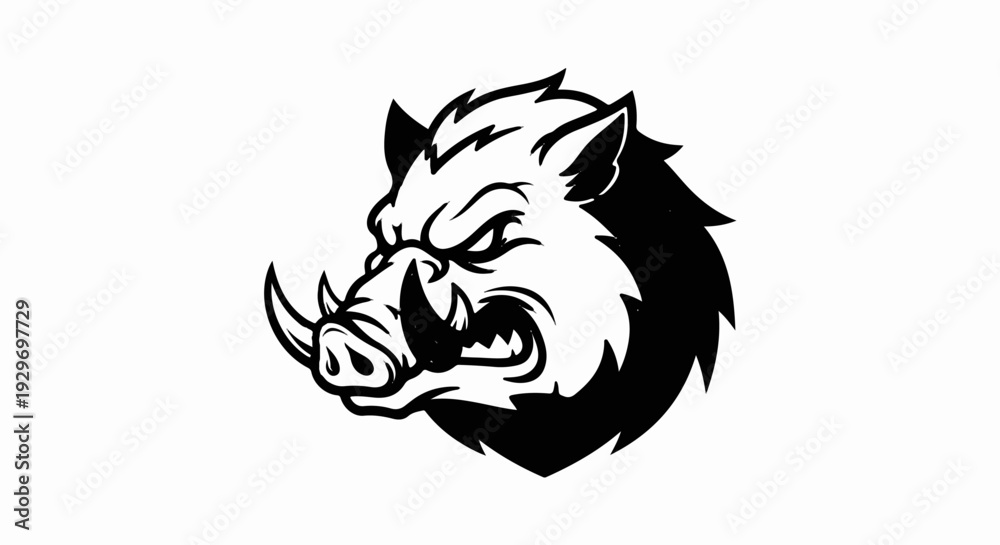 Obraz premium Fierce black and white wild boar head graphic, snarling with sharp tusks