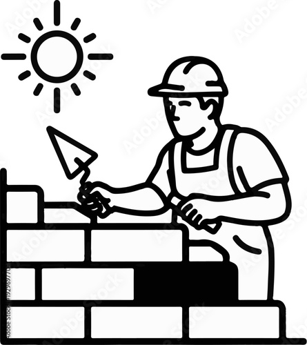 A bricklayer in a hard hat builds a wall under the sun with a trowel