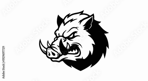 Fierce black and white wild boar head graphic, snarling with sharp tusks