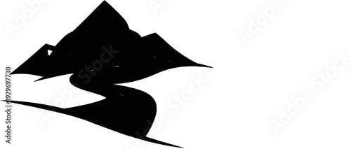 Abstract black mountain range with winding path and reflection