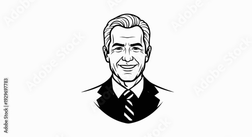 A black and white sketch of a smiling man in a suit and tie
