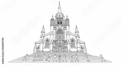 Line drawing of a grand church with people sitting on its wide steps