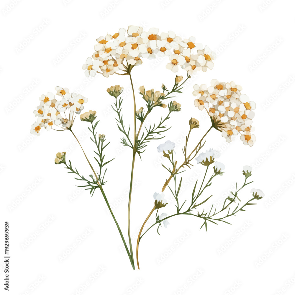 Fototapeta premium Achillea Branch, watercolor artwork with bold brush accents and dynamic composition, isolated on a white background.