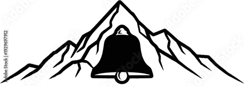Black outlined mountain range with a bell in the center