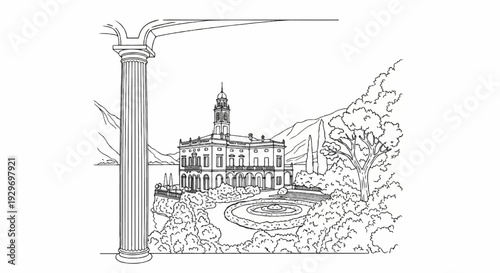 Ornate classical building with domed tower overlooks formal gardens and mountains