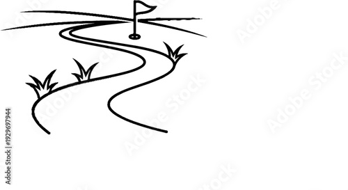 A minimalist line drawing of a winding golf course path leading to a flag