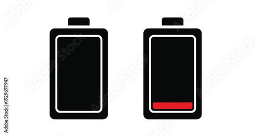 Two battery icons one full and one low in black silhouette