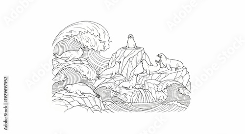 Seals basking on rocky outcrops amidst dynamic ocean waves in a stylized illustration