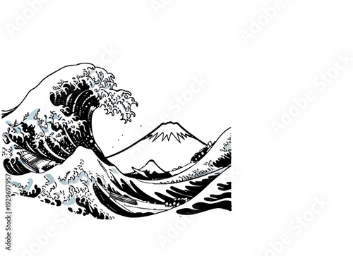 A stylized representation of Mount Fuji dwarfed by a massive, cresting ocean wave