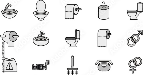 Collection of icons depicting bathroom fixtures and symbols