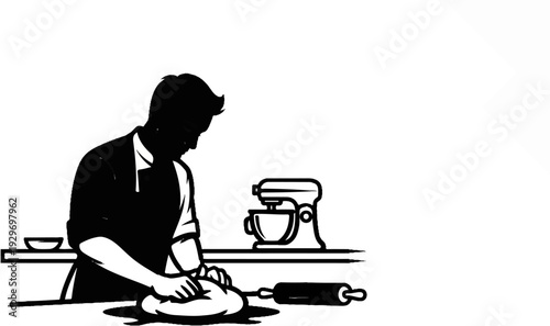 A person is kneading dough on a table with a rolling pin and mixer