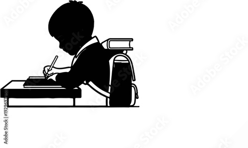 Child with backpack studies at a desk, writing diligently
