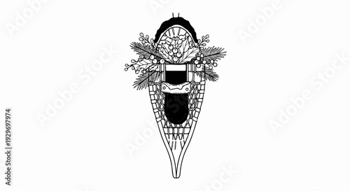 A snowshoe adorned with a festive winter wreath of evergreen boughs and berries