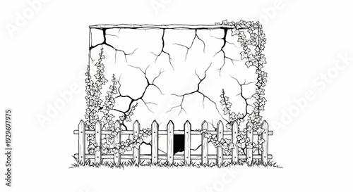 Cracked stone wall with flowering vines and a rustic wooden picket fence