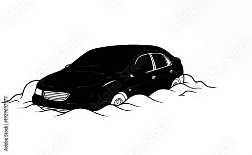 Black car stuck in soft, undulating mounds, wheels partially obscured