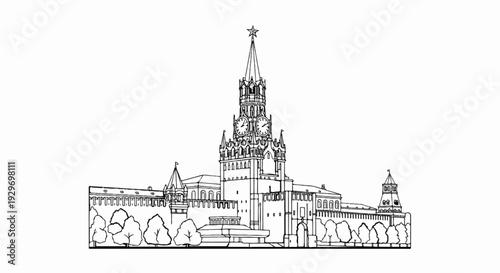 Detailed line drawing of an ornate clock tower and surrounding fortress walls