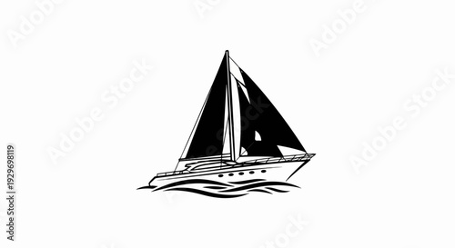 A black and white silhouette of a sailboat with full sails glides over wavy water