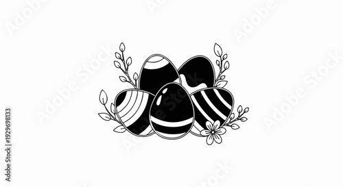 A cluster of patterned black and white Easter eggs with floral accents