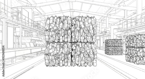 Warehouse interior with stacked bales of compressed plastic bottles