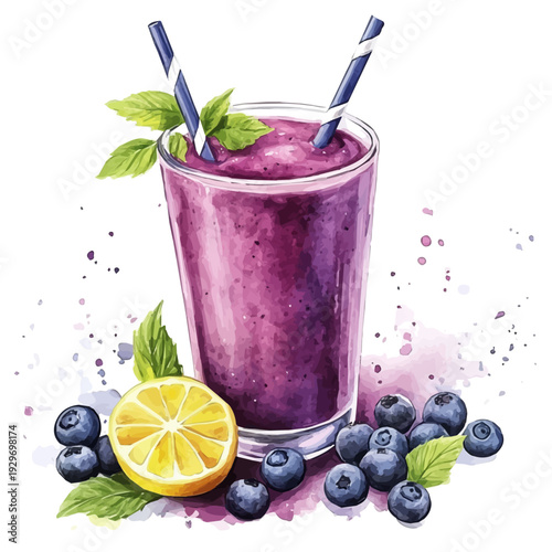 watercolor painting of Acai Smoothie, isolated on a white background.