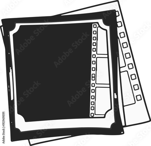 Black and white sketch of stacked film strips and photo frames