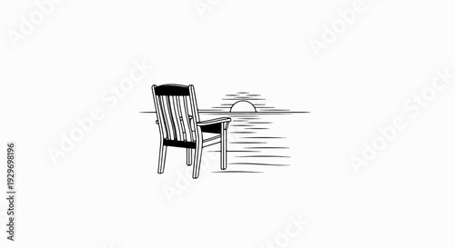 A lone chair faces a stylized sunrise over calm waters