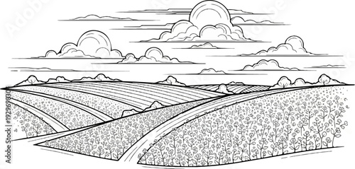 Stylized farm fields with crops under a dramatic, cloudy sky