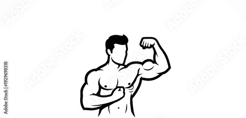 Muscular male figure flexing biceps, rendered in a bold, graphic outline style