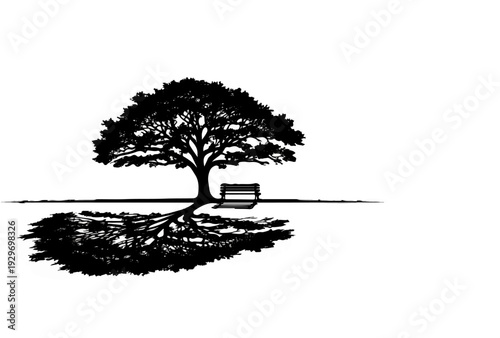 A silhouette of a large tree with prominent roots sits next to a bench