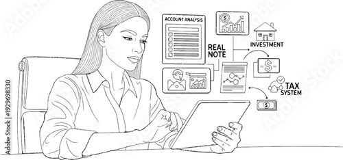 A woman using a tablet with financial analysis, investment, and tax system concepts visualized