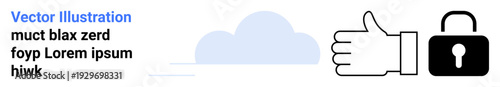 Business safety, cloud system, data security, privacy management, approval processes, IT security. A thumbs-up, padlock and cloud icon. Data security and privacy management concept