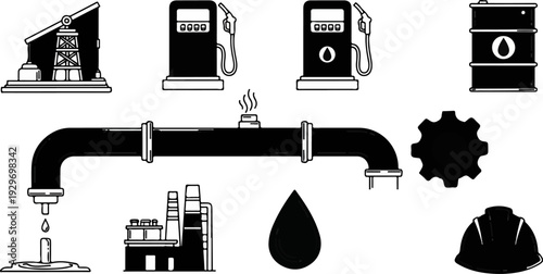 Industrial elements depicting oil extraction, refining, and distribution
