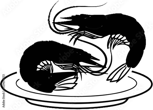 Two stylized black shrimp are presented on a white plate with decorative swirls