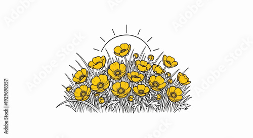 Stylized yellow flowers bloom with a sunrise above grassy stalks