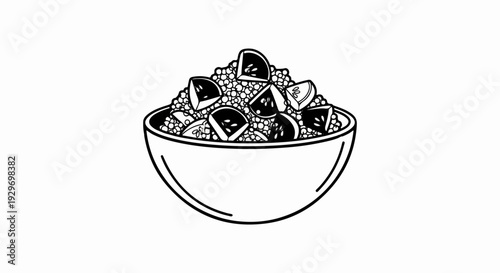 A black and white illustration of a bowl filled with small round items and sliced fruit