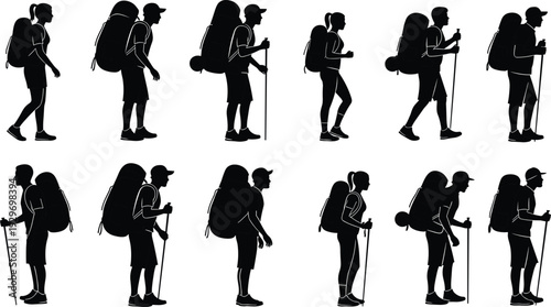 Collection of hiker silhouettes with backpacks and trekking poles walking, standing, sitting, and celebrating success for outdoor adventure and travel.