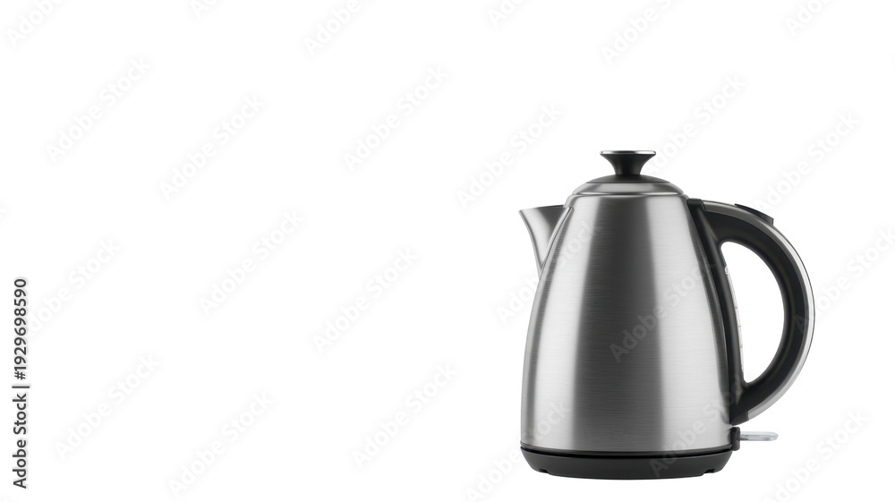 Obraz premium Stainless steel electric kettle with black handle and base isolated on a transparent background