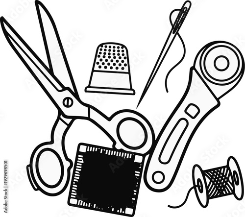Various sewing tools including scissors, thimble, needle, thread, and rotary cutter