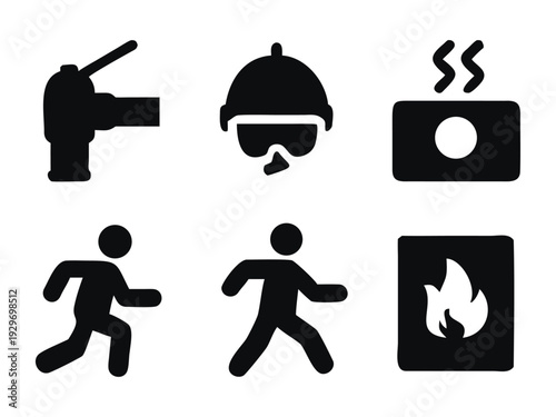 Monochrome set of fire safety and emergency evacuation symbols hard hat PPE risk alert
