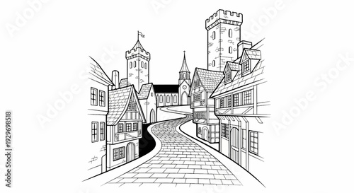 Winding cobblestone street leading past timber-framed buildings to a church and towers