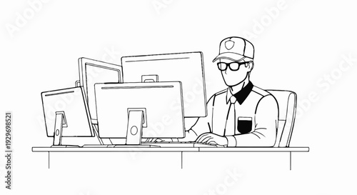 Man in cap and glasses types at multiple computer monitors