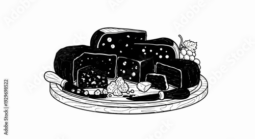 A variety of artisanal cheese pieces with grapes and a cheese knife on a wooden board