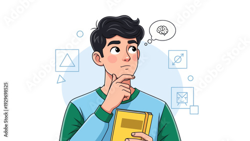 Young man thinking with a brain thought bubble vector illustration
