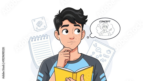Young man thinking with a concept bubble and school supplies illustration