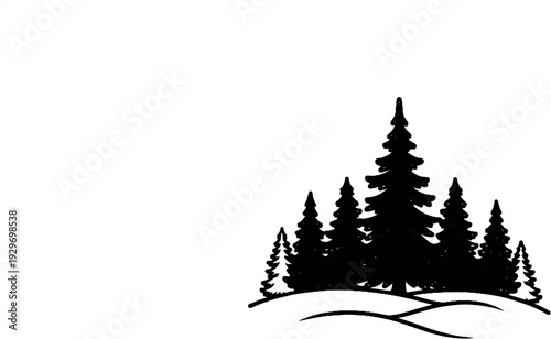 Silhouette of evergreen trees on a snowy landscape, simple black and white illustration